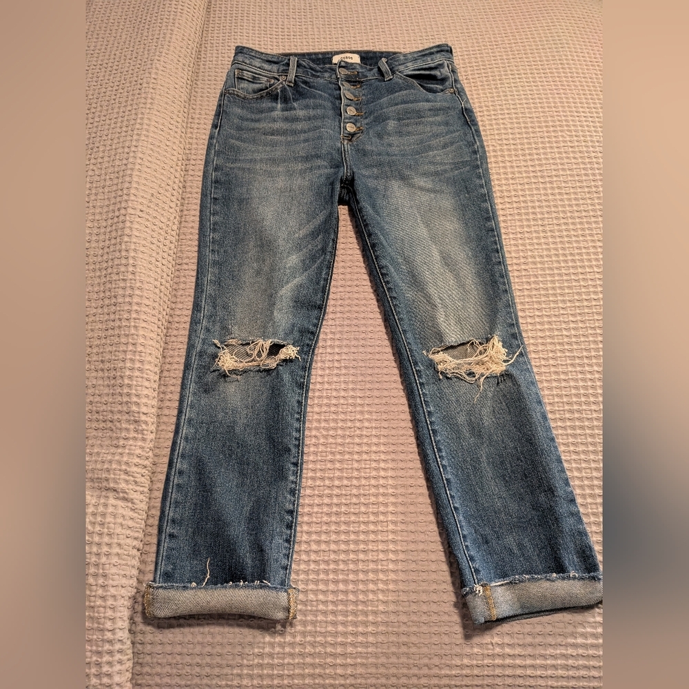 Stylish Blue Button-Fly Distressed Jeans